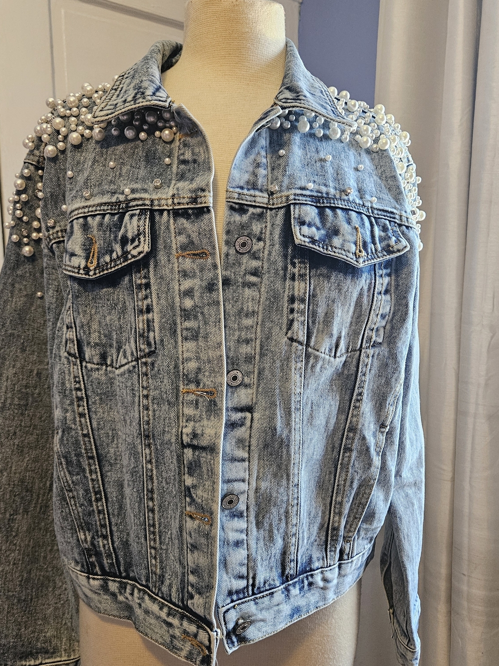 Pearl-Embellished Light Wash Denim Jacket - Women